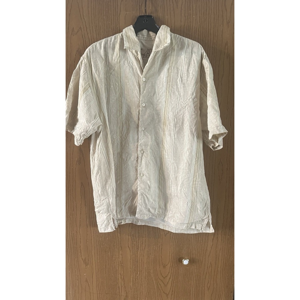 Tommy Bahama Men Shirt XL 100% Silk Beige Striped Button Front Short Sleeve